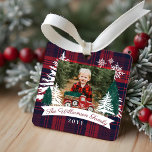 Red Truck Christmas Tree Delivery Red Plaid Photo  Metal Tree Decoration<br><div class="desc">Rustic farm fresh Christmas trees family photo keepsake metal ornament. The ornament can be customized with the family name, the year, monogram, and photo. Red checkerboard plaid background with rustic pine trees and snowflakes and our hand-drawn red watercolor vintage truck caring a Christmas tree. The family name is displayed in...</div>
