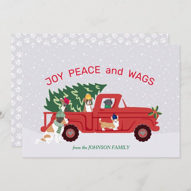 Red Truck Christmas Tree Dogs Riding Christmas Card (Front/Back)