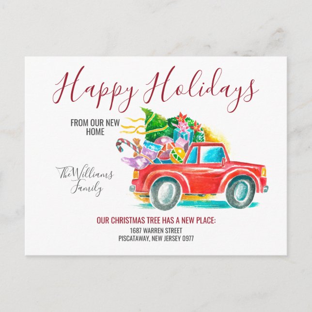 Red Truck Christmas Tree Gifts Holiday Moving Announcement Postcard (Front)