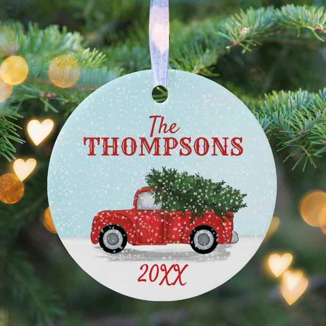 Red Truck Christmas Tree in Sow Photo Personalised Ceramic Tree Decoration (Christmas classic vintage red truck with falling snow simple circle ceramic ornament. )