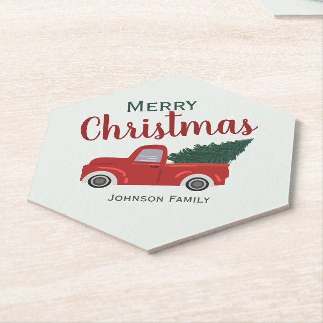Red truck Christmas tree personalise Paper Coaster (Angled)