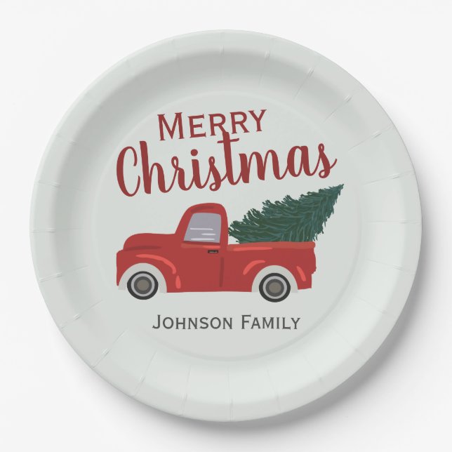 Red truck Christmas tree personalise Paper Plate (Front)