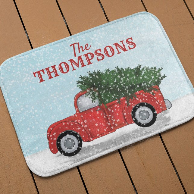 Red Truck Christmas Tree Personalised Cute Bath Mat (Christmas classic holiday red truck custom bath mat)