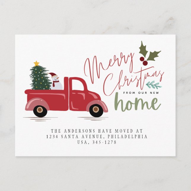 Red Truck Christmas Tree Snow Man Holiday Moving Announcement Postcard (Front)