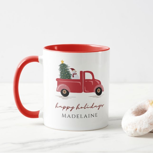Red Truck Christmas Tree Snow Man Name Holiday Mug (With Donut)