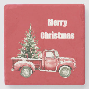 Red Truck Christmas Tree Stone Coaster