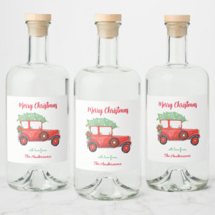 Red Truck Christmas Tree Xmas White Liquor Bottle Label