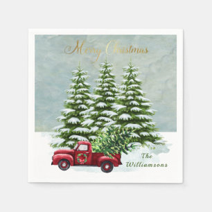 Red Truck Christmas Trees Vintage  Napkin
