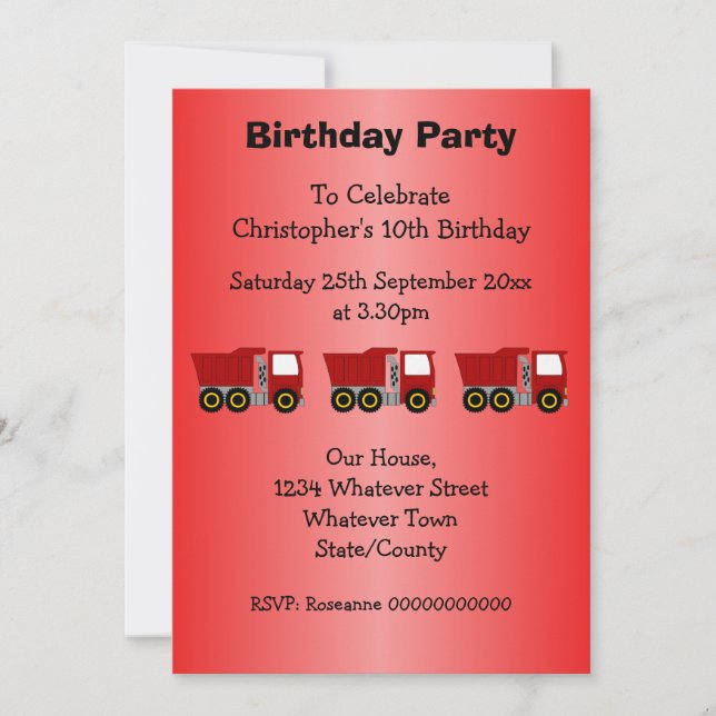 Red Truck Design Boy's Birthday Party Invitation (Front)