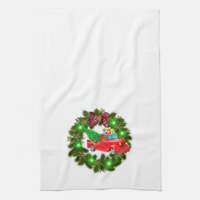Red Truck Driving Through A Christmas Wreath Tea Towel (Vertical)