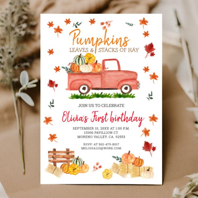Red Truck Fall Birthday Party Hay, Leaves, Pumpkin Invitation (Creator Uploaded)