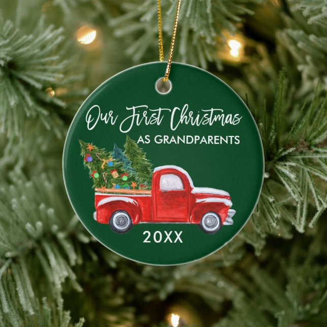 Red Truck First Christmas as Grandparents Green Ceramic Tree Decoration (Tree)