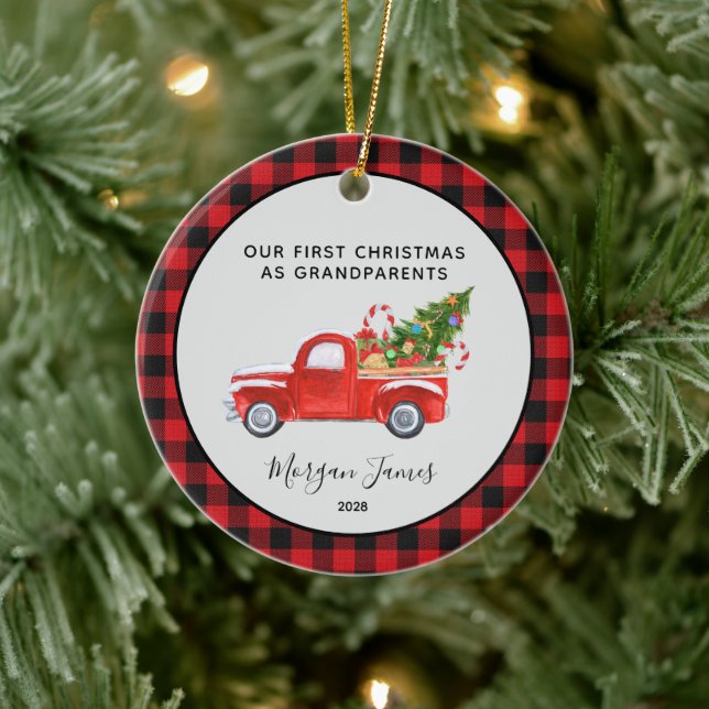 Red Truck First Christmas as. Grandparents Photo Ceramic Tree Decoration (Tree)