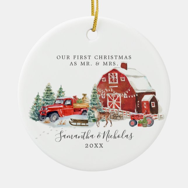 Red Truck | First Christmas as Mr. & Mrs. Ceramic Tree Decoration (Front)