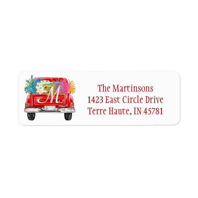 Red Truck Flowers Custom Monogram Return Address   (Front)
