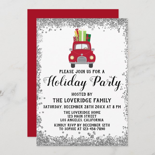 Red Truck Gifts Christmas Holiday Party Silver Invitation (Front/Back)