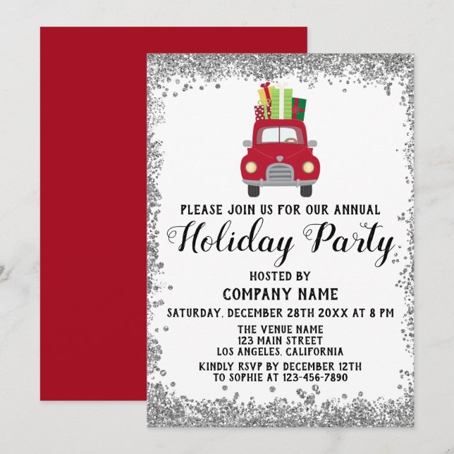 Red Truck Gifts Xmas Company Holiday Party Silver Invitation (Front/Back)