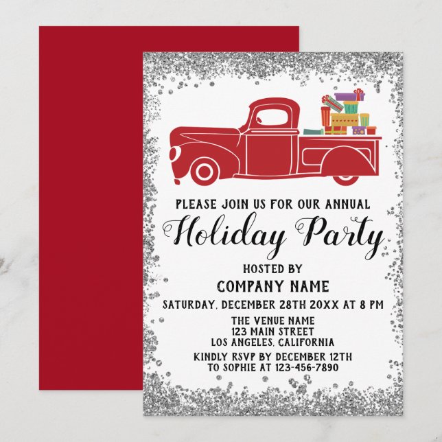 Red Truck Gifts Xmas Company Holiday Party Silver Invitation (Front/Back)