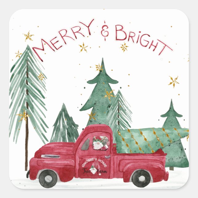 Red Truck Gnome Home Tree Farm Christmas Address Square Sticker (Front)
