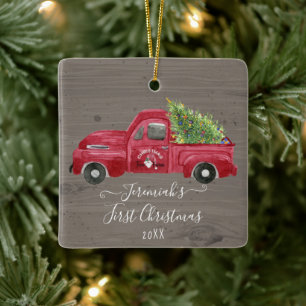Red Truck Grey Wood Baby1st Christmas Tree Photo Ceramic Ornament
