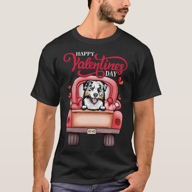 Red Truck Happy Valentines Day Australian Shepherd T-Shirt (Front)