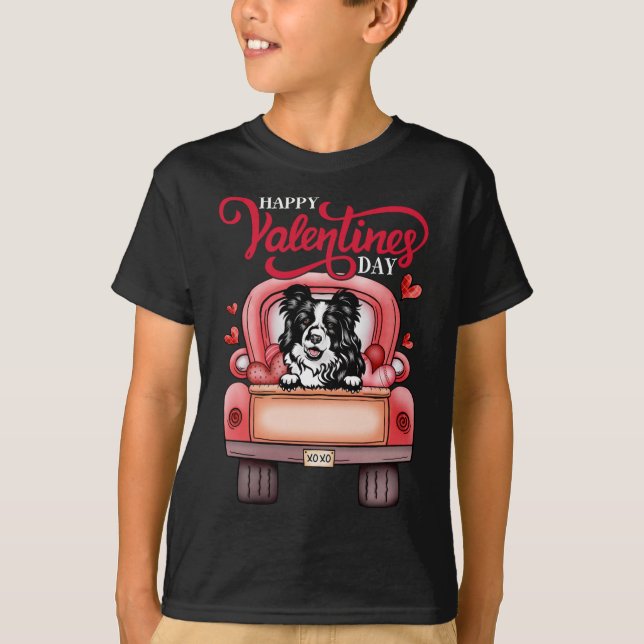 Red Truck Happy Valentines Day Border Collie dog h T-Shirt (Front)