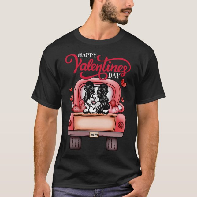 Red Truck Happy Valentines Day Border Collie dog h T-Shirt (Front)