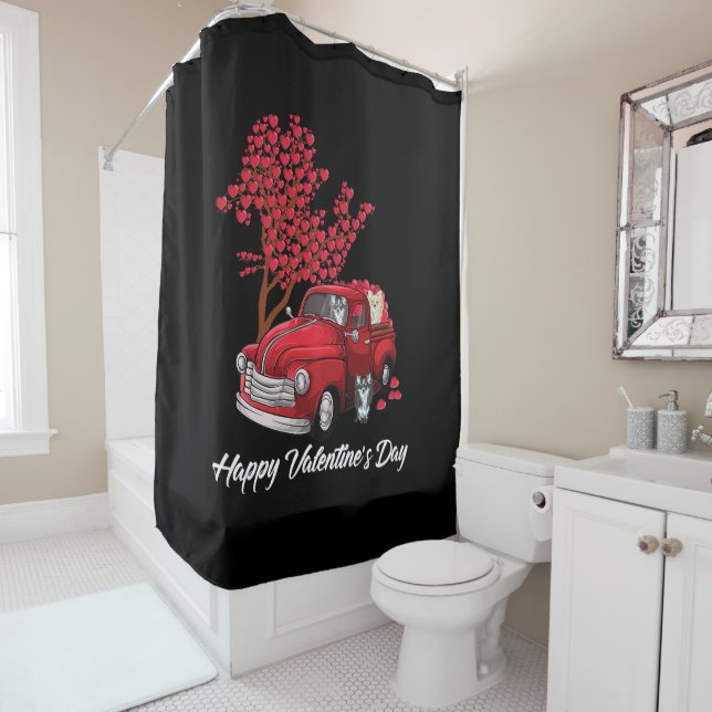 Red Truck Happy Valentines Day Chihuahua dog heart Shower Curtain (In Situ)