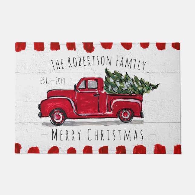 Red Truck Hauling Christmas Tree Door Mat (Front)