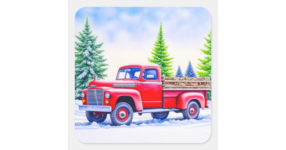Red Truck Hauling Firewood Christmas Square Sticker | Zazzle