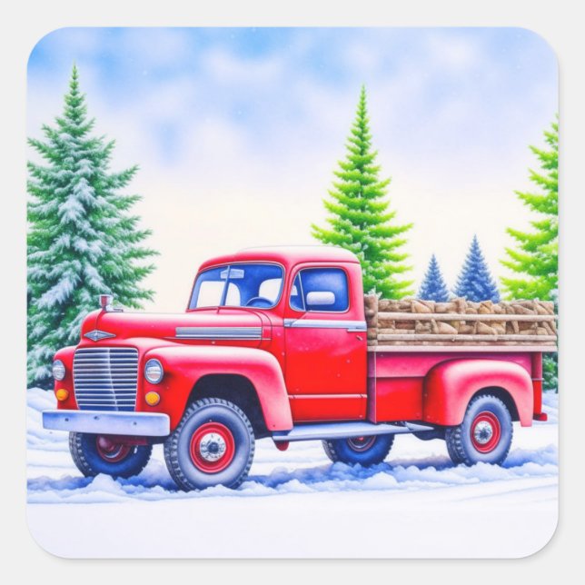 Red Truck Hauling Firewood Christmas Square Sticker (Front)
