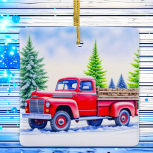 Red Truck Hauling Firewood Personalised Christmas Ceramic Ornament