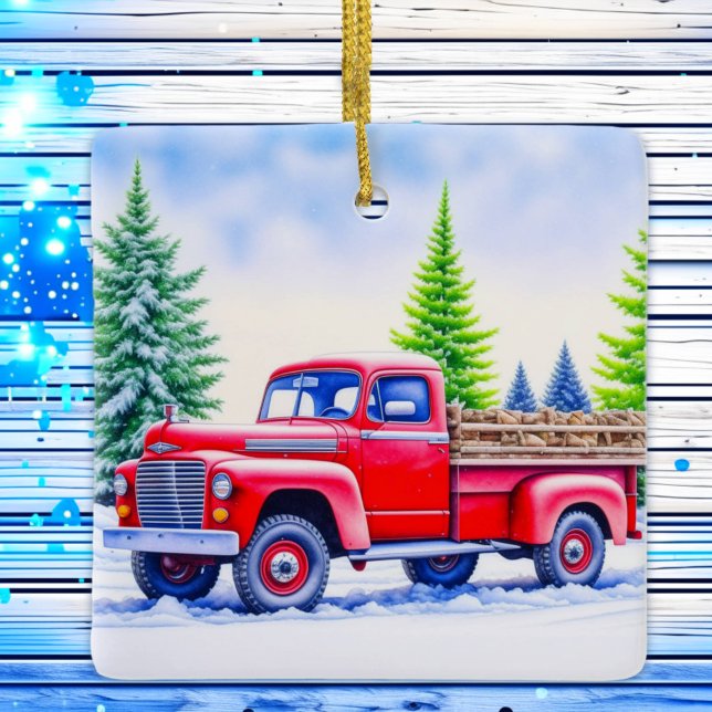 Red Truck Hauling Firewood Personalised Christmas Ceramic Ornament (Creator Uploaded)