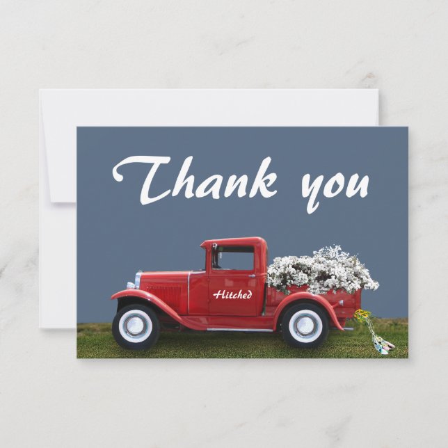 Red Truck Hitched Thank You wedding card (Front)