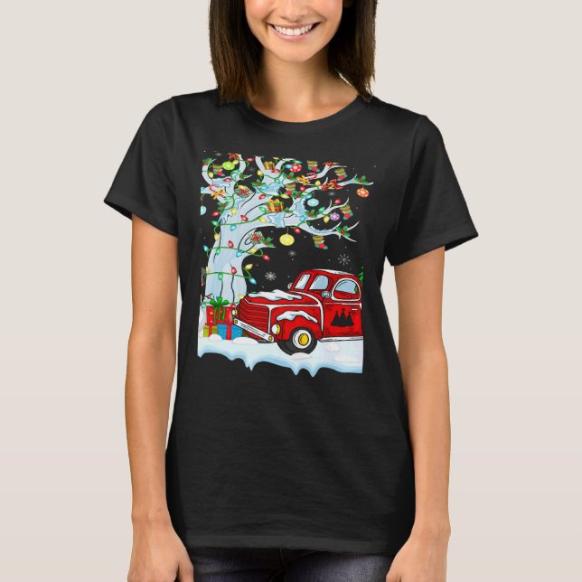 Red Truck Lights Xmas Tree Snowman Red Truck Chris T-Shirt (Front)