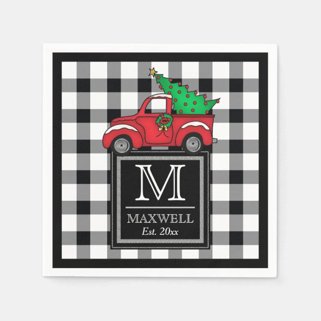 Red Truck | Medium Rustic Buffalo Checks Monogram  Napkin (Front)