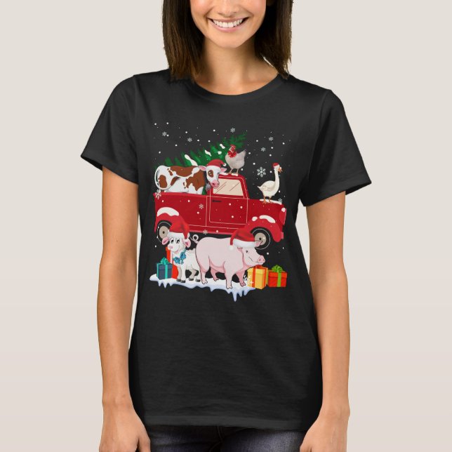 Red Truck Merry Christmas Animals Loves Farm Farme T-Shirt (Front)