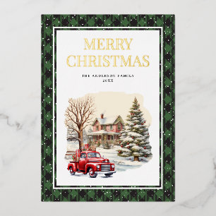 Red Truck Merry Christmas Green Buffalo Plaid Gold Foil Holiday Card