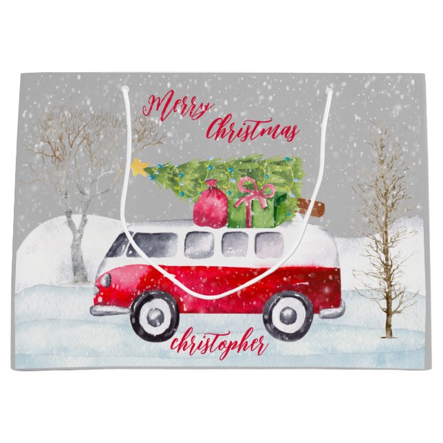 Red Truck Merry Christmas Grey Large Gift Bag (Front)