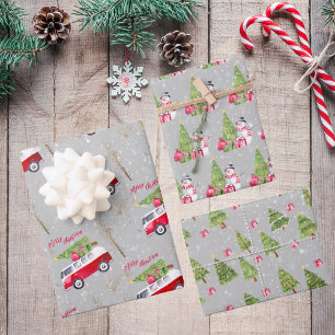 Red Truck Merry Christmas Grey Wrapping Paper 