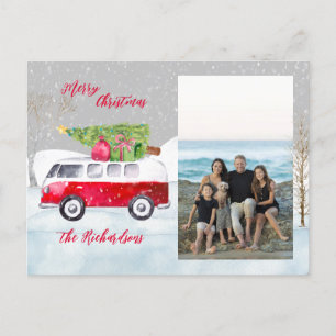 Red Truck Merry Christmas One Photo Holiday Postcard