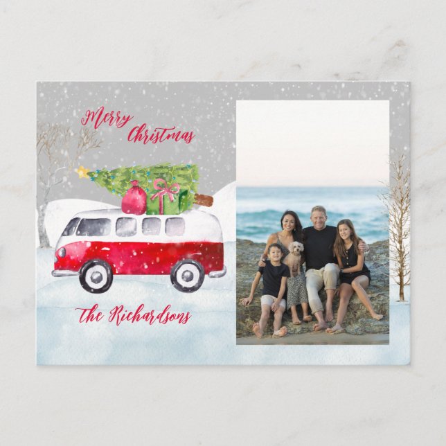 Red Truck Merry Christmas One Photo Holiday Postcard (Front)
