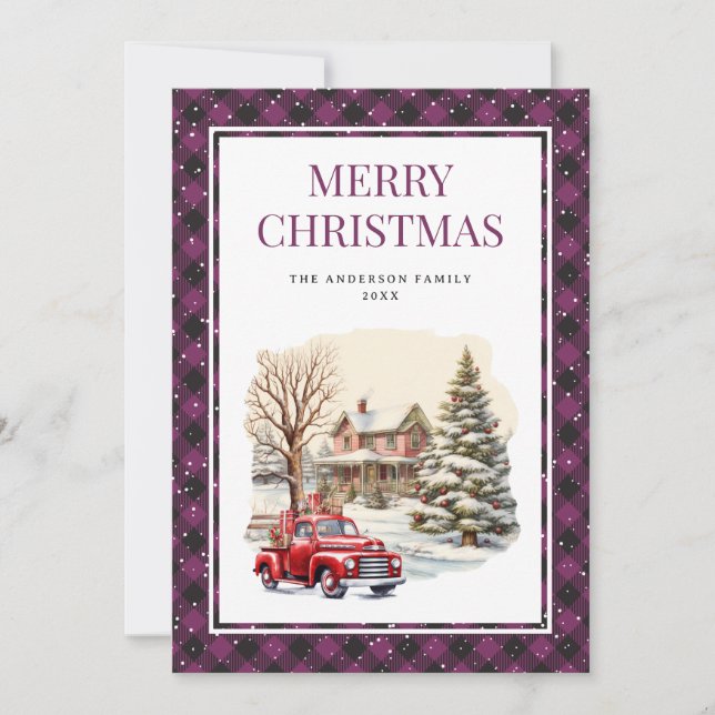 Red Truck Merry Christmas Purple Buffalo Plaid Holiday Card (Front)