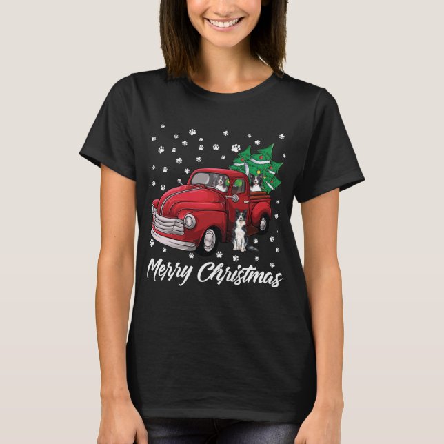 Red Truck Merry Christmas Tree Border Collie Chris T-Shirt (Front)