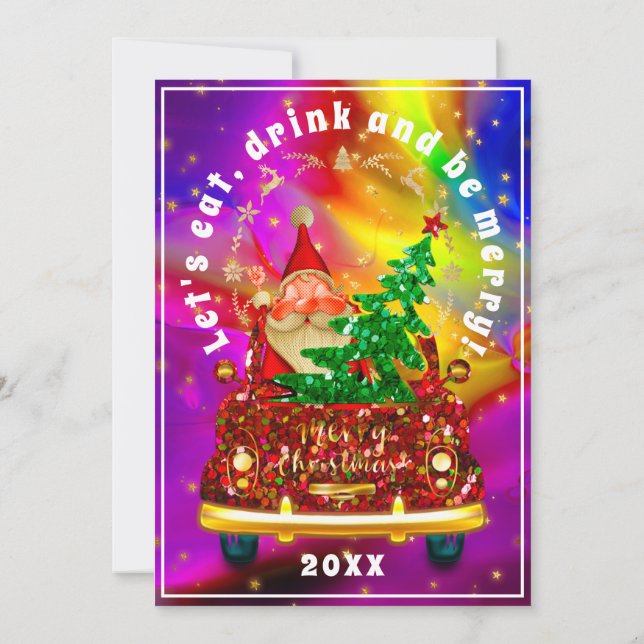 Red Truck Merry Christmas Tree Brunch Holographic  Invitation (Back)