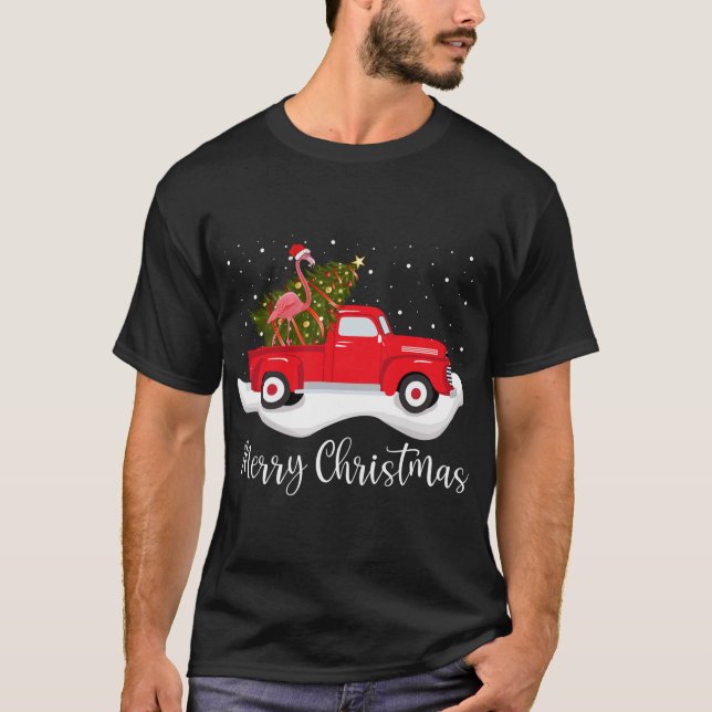 Red Truck Merry Christmas Tree Flamingo Christmas T-Shirt (Front)