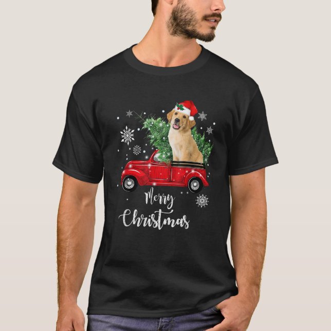 Red Truck Merry Christmas Tree Golden Retriever Ch T-Shirt (Front)
