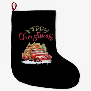 Red Truck Merry Christmas Tree Santa Cute Vintage Large Christmas Stocking