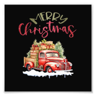 Red Truck Merry Christmas Tree Santa Cute Vintage Photo Print
