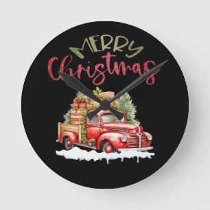 Red Truck Merry Christmas Tree Santa Cute Vintage  Round Clock